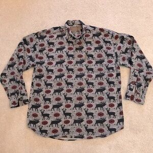 North River Mens Flannel Shirt Size Large Grey Black Heavy Cotton Deer Buck